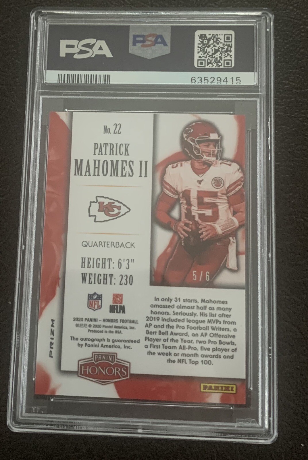 2020 Honors Patrick Mahomes Autograph Green Prizm Auto SSP 5/6 PSA 10 Chiefs view 3