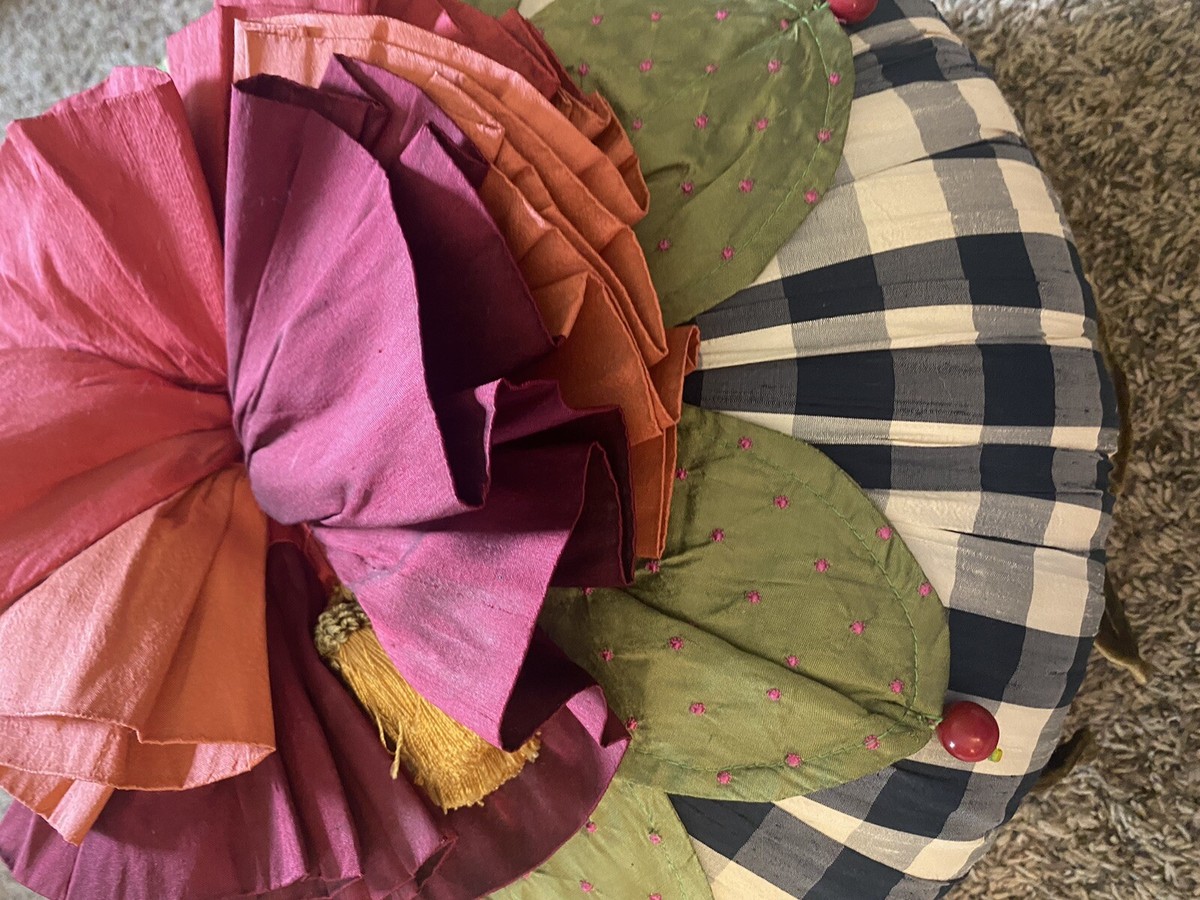 Mackenzie Childs Ruffled Rose Courtly Check Tassels Ottoman