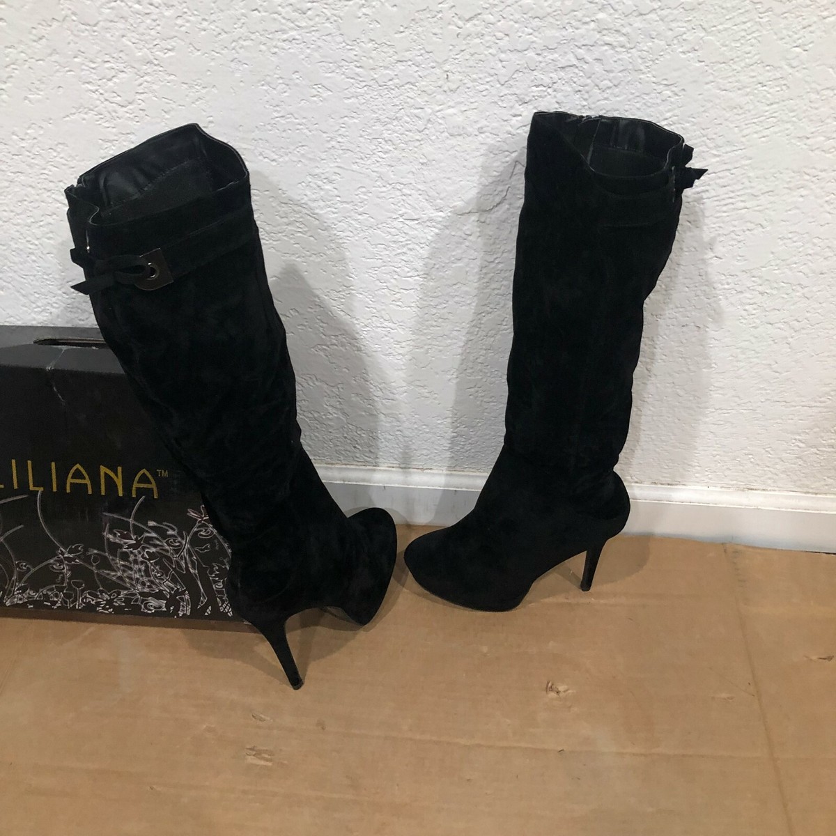 LILIANA WOMEN'S VELVET BOOTS BLACK HIGH KNEE STILETTO HEELL LILIANA WOMEN'S VELVET BOOTS BLACK HIGH KNEE STILETTO HEELL