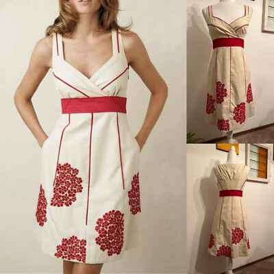 Floreat Anthropologie Coral Way Dress Wm 4 Floral Embroidery Pockets Lined  | eBay
