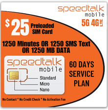 SpeedTalk Preloaded SIM Card Kit 1250 Text Talk Data 5G 4G LTE 60-Day Phone Plan