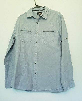 Rock & Republic Mens L Shirt Stripe Gray Button Front Zipper Pockets 100% Cotton