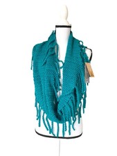 NWT PrAna Jane Fringe Trim Infinity Scarf Teal Blue Chinky Knit Neck Warmer