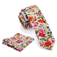 Fashion 2.4" 6cm Cotton Floral Printed Necktie Tie Clip White/Magenta/Orange