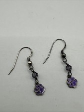 Purple Enamel Puppy Paw Print Dangle Earrings 925 Sterling Silver Dog Lover