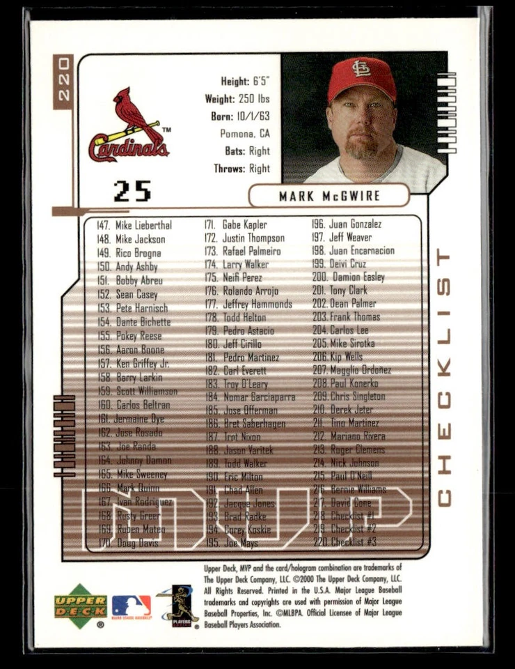 2000 Upper Deck MVP #220 Mark McGwire Card St. Louis Cardinals - Image 2 of 2