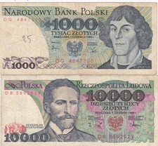 2 Poland Notes:  1000 Zlotych ( 1982 ) and 10,000 Zlotych ( 1988 )