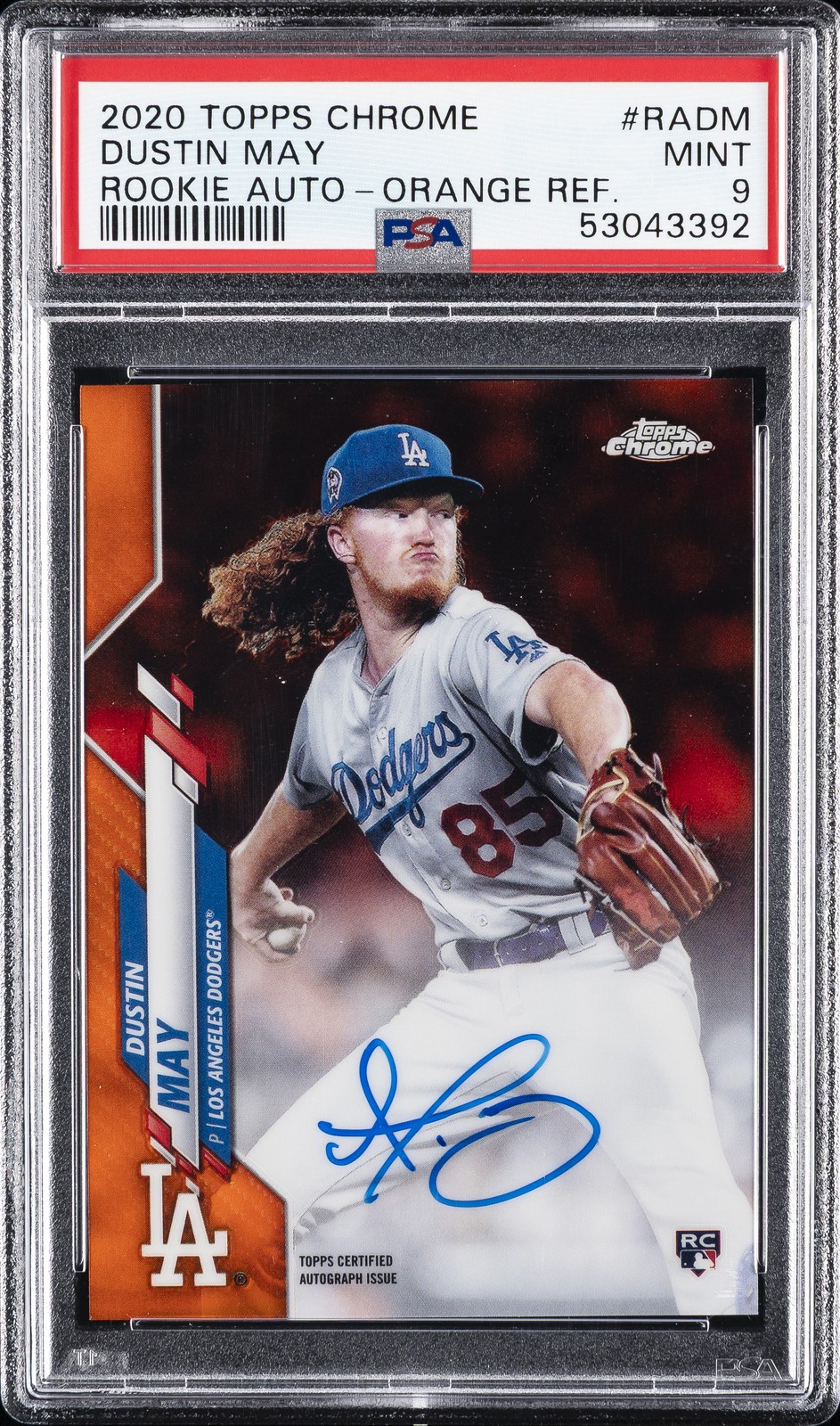 2020 TOPPS CHROME RC AUTOS ORANGE REFRACTOR #RADM DUSTIN MAY #/25 PSA 9 AUTO
