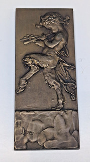 ANTIQUE BRONZE PLAQUE PAN PLAYING PIPES HENRI DROPSY FRENCH ART MEDAL SIGNED