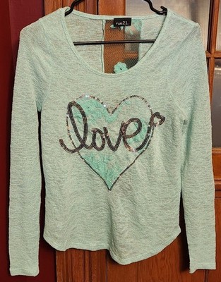 Rue 21 Mint Green Long Sleeve Sequin Love Layering Top - Size S