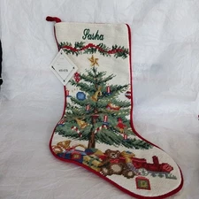 Needlepoint Christmas Stocking Tree Toys Monogram SASHA Red Velvet 19.5"