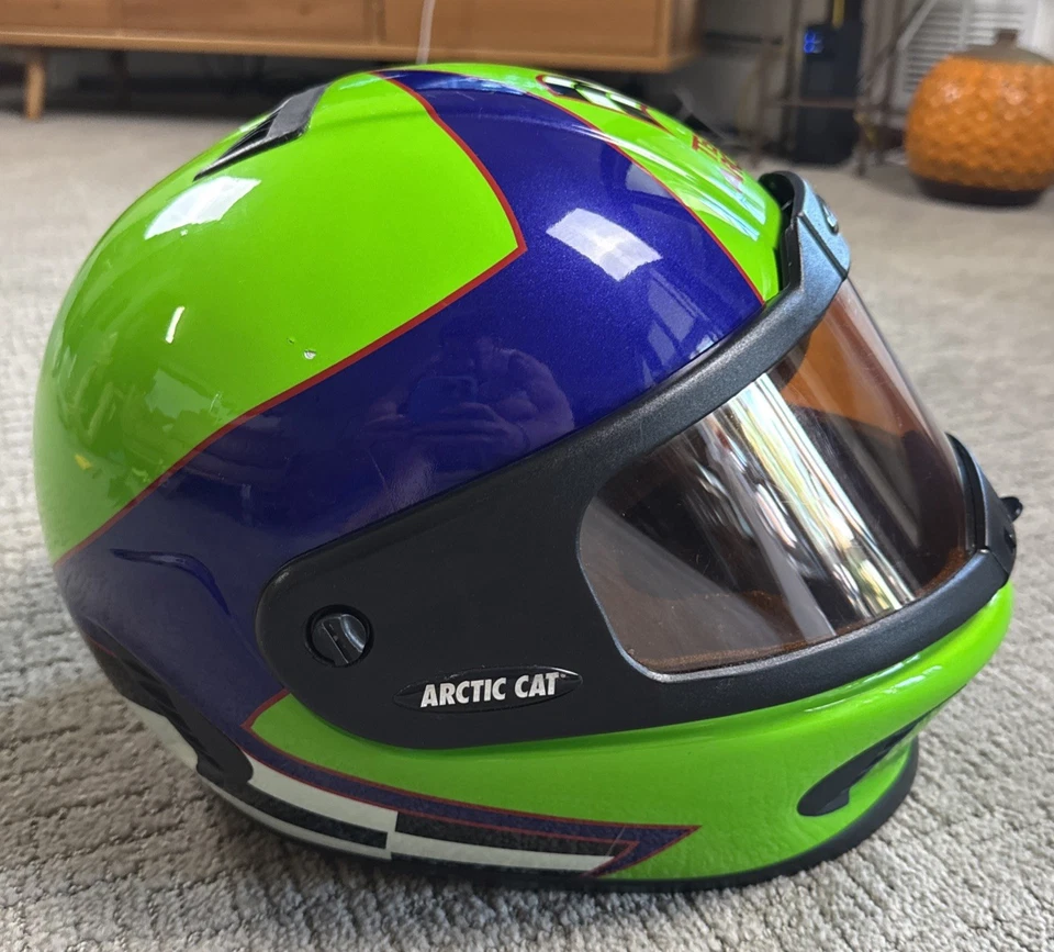Arctic Cat Adult SM Vintage 90s Snowmobile Helmet Full Face Green/Purple/Checker - Image 3 of 4