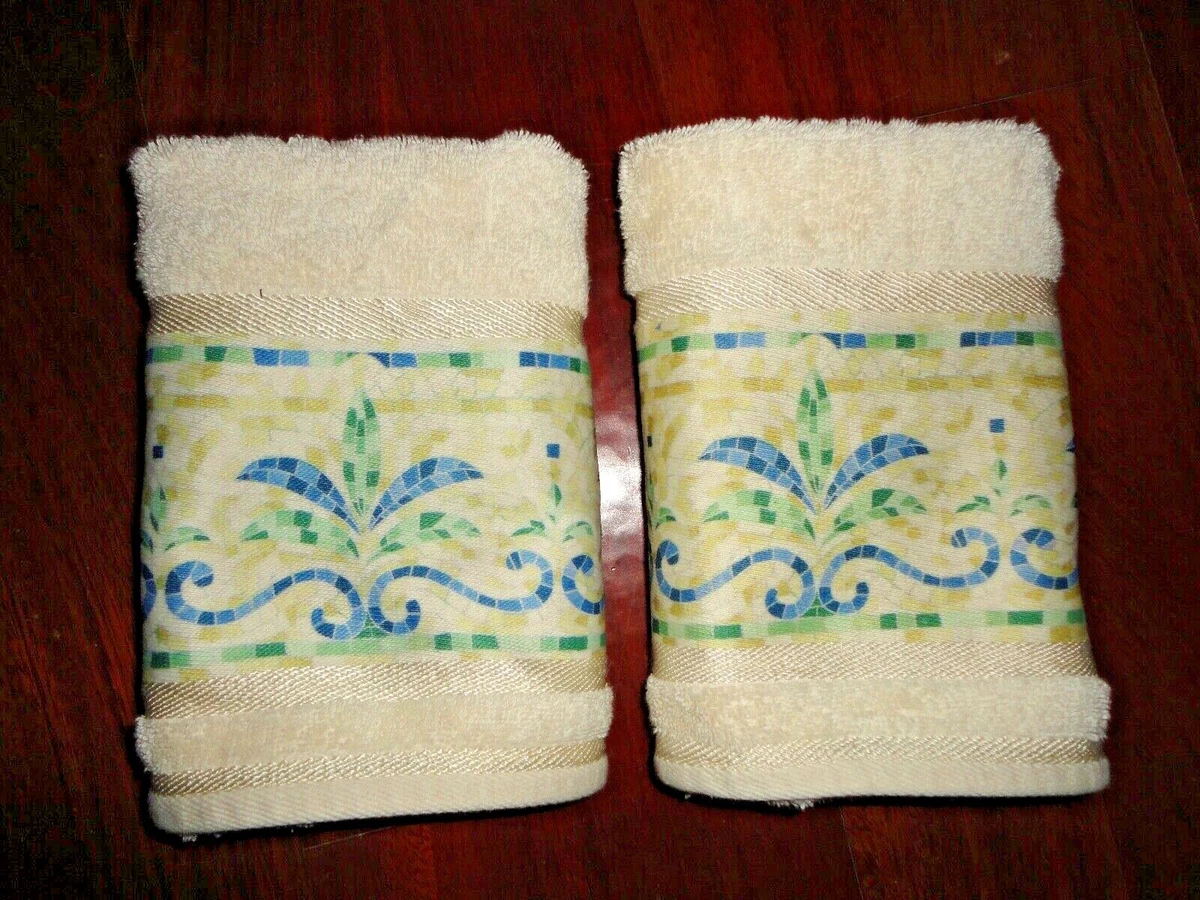 CROSCILL MOSAIC TILES BLUE GREEN GOLD TAN 2PC HAND TOWELS 15 X