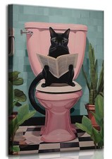 Funny Bathroom Cat Canvas Wall Art Black Cat Sitting on Toilet Reading Newspa...