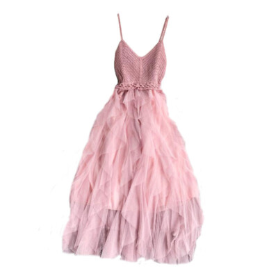 Damen Lolita Rüschen Netzkleid V Ausschnitt Strick Cami Tüll Elastisch Fairy Abi