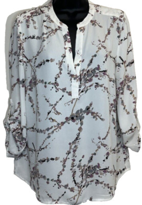 DR2 Women's White Gray Pink Floral 3/4 Sleeve V-Neck Blouse Pullover Size M