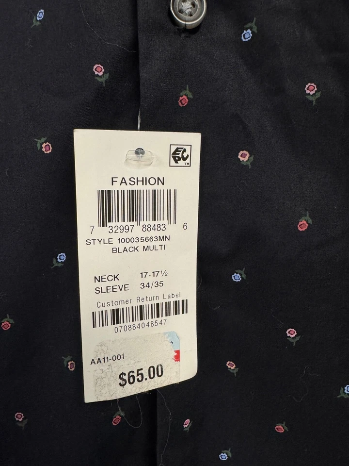 Camisa de Vestir Negra BAR III Ajuste Ajustado Rendimiento Elastizada Estampado Rosa Brote XL 17 1/2 Foto 3 de 4