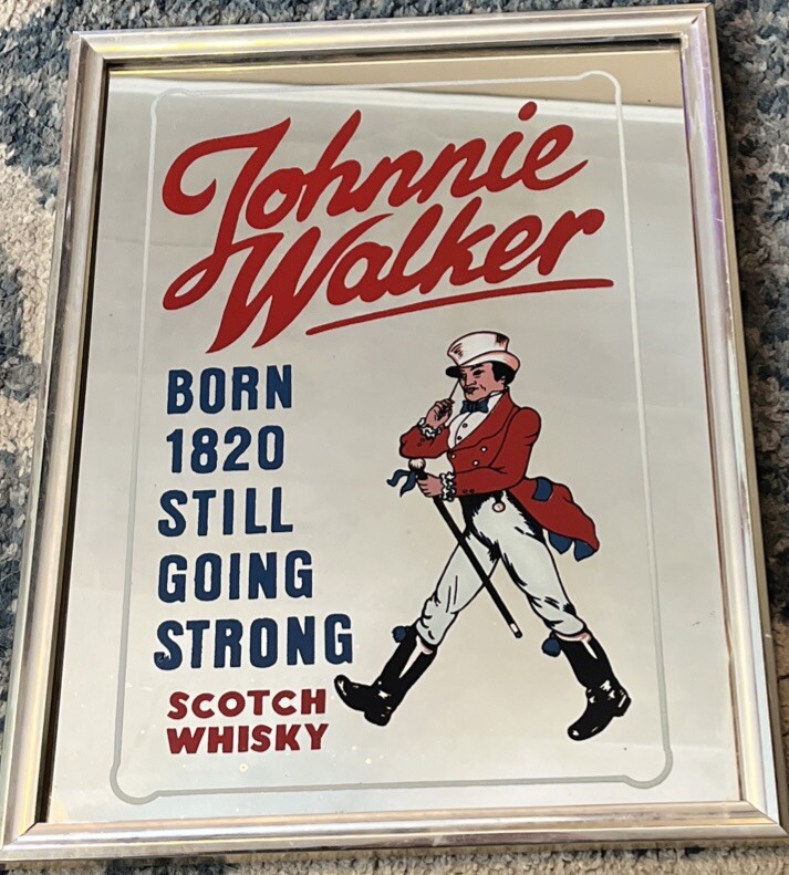 Vintage 1960s Johnnie Walker Scotch Whisky Bar Mirror Metal Frame 14x12