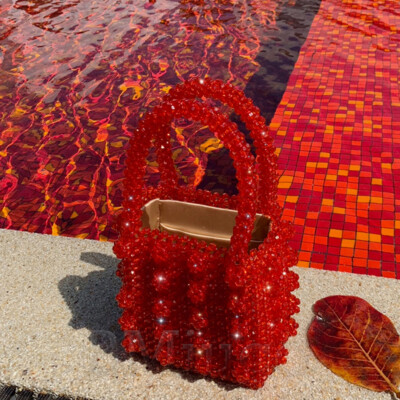 Ladies Handmade Handbag Pearl Beaded Bag Weave Totes Flowers