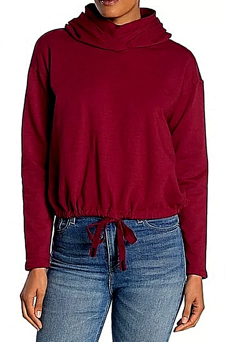 WOMENS S STATESIDE LONG SLEEVE DRAWSTRING HEM CROPPED MOCK NECK HOODIE, MAROON