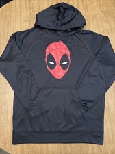Deadpool Hoodie Mens Medium Black Red Marvel Comics Mask Pullover Sweatshirt EUC
