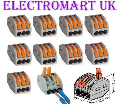 10 X 222-413 ORIGINAL WAGO 3-FACH FEDERHEBEL KABEL DRAHTKLEMME STECKER BLOCK