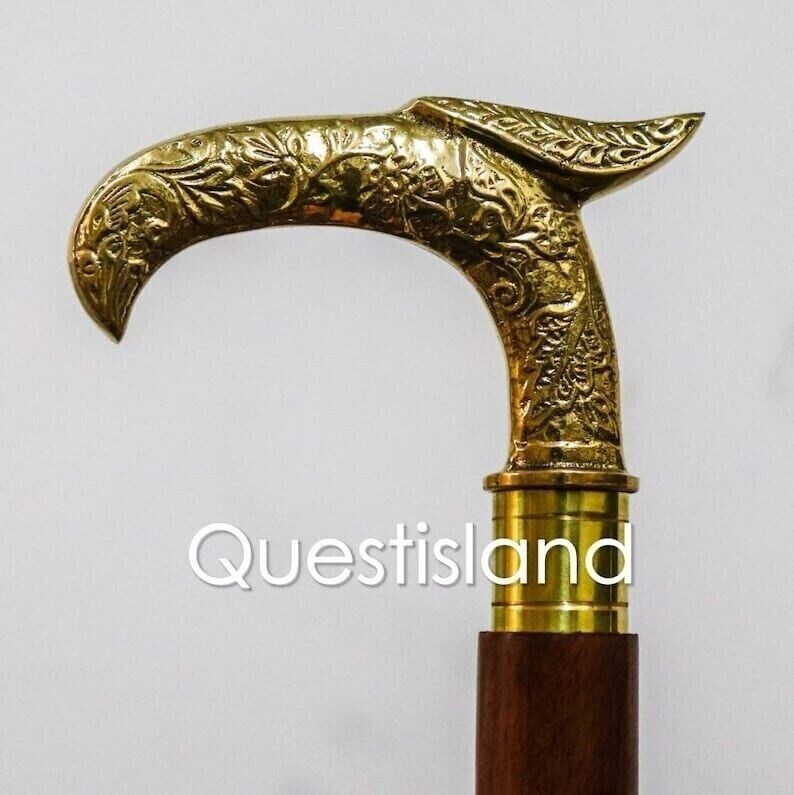 Engraved Solid Brass Eagle Head handle Wooden Wal… - image 6