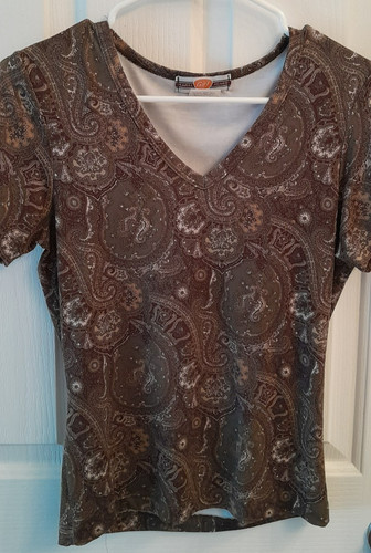 Weavers Girls Top Vintage 90s Brown and Green Paisley V-Neck Size Medium