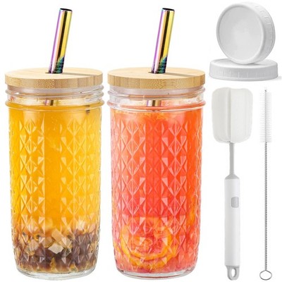 2 Pcs Glass Cups Set - 24oz Mason Jar Drinking Glasses with Bamboo Lids & Str...