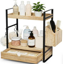 2-Tier Bathroom Counter Organizer with Drawer, Basket  Hooks, Wooden Vanity She