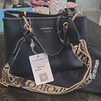 Emporio Armani Black Pebbled Satchel with Logo Accent and Gold Hardware