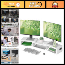 Adjustable Dual Monitor Stand Riser - Ergonomic Wooden Desktop Organizer, White,