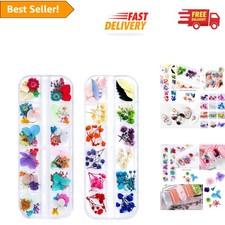 Versatile 108 Pcs Dried Flower Nail Art Kit with Nail File  Top Coat Included