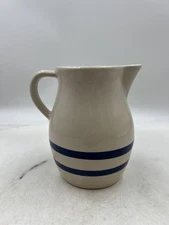 Vintage Robinson Ransbottom Stoneware Pitcher 1 Qt Roseville Ohio USA Blue Strip