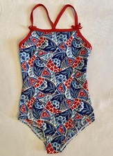 Lands End Kids One Piece Swimsuit Floral Red White Blue Little Girls Size 4