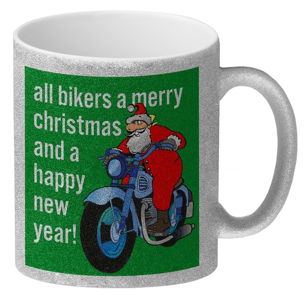 Weihnachten Biker Glitzer-Kaffeebecher Mit Weihnachtsmann Auf Motorrad In GrüN-image