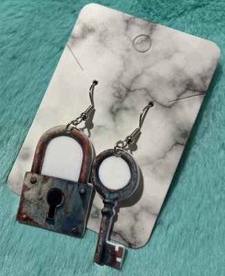 2D Flat Acrylic Rusty Lock & Key Earrings. Unique, Party, Cute, Festive.