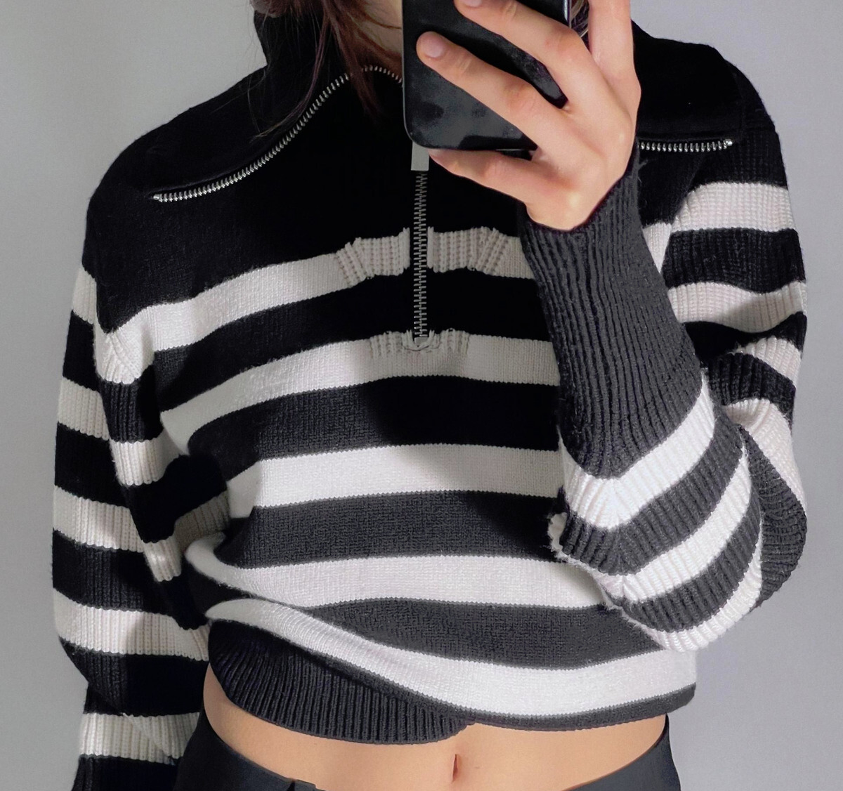 ZARA STRIPED HIGH NECK HALF ZIP CAPE COLLAR CHUNKY RIB KNIT CROP