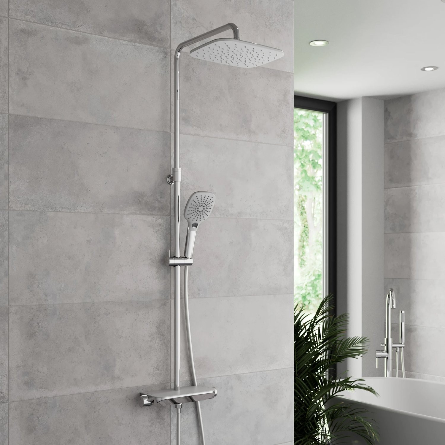 Thermostatic Mixer Shower Set Dual Head Handset Riser Rail Shelf Square Chrome