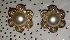 VTG S.C Gold Metal , Faux Pearls & Rhinestones CLIP ON EARRINGS- Costume Jewelry
