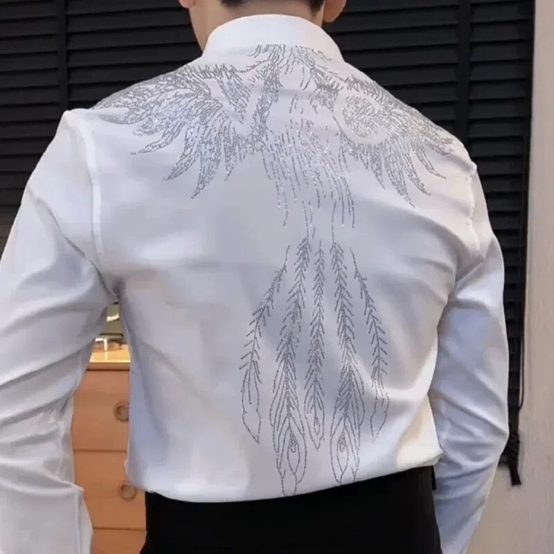 Men Luxury Wing Rhinestone Diamond Slim Fit Dress Shirt Long Sleeve Button-Down
