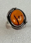 Vintage 925 Sterling Silver Amber Ring Size 6.75