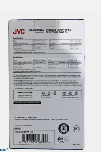 JVC Kenwood Sport Wireless Bluetooth Headphones HA-EC20BTA Blue Remote & Mic NEW - Picture 2 of 2