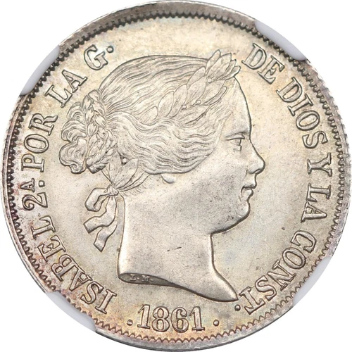 Spain 1861B 4 reales Queen Isabel II NGC AU58