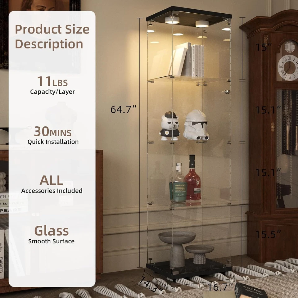 Vitrina de cristal con luz, 4 estantes, gabinetes LED de curiosidades para salón Foto 4 de 4