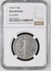 1943 D Walking Liberty Silver Half Dollar - NGC - Fine  Details - Cleaned