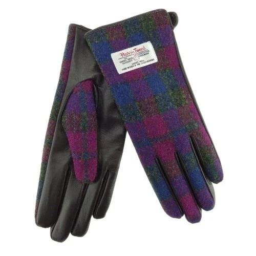 Ladies Authentic Harris Tweed Leather Gloves in Heather Check LB3001 - Small