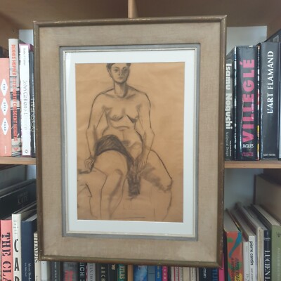 Eine Kohlefigurenzeichnung, Belgien 1960, mit Vintage Rahmen