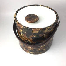 Vintage Retro Plastic Brown Beige  White Ice Bucket with Lid Isolated 7" H