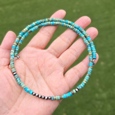 Native American Turquoise Heishi 4mm Sterling Silver Bead Wrap Choker Necklace